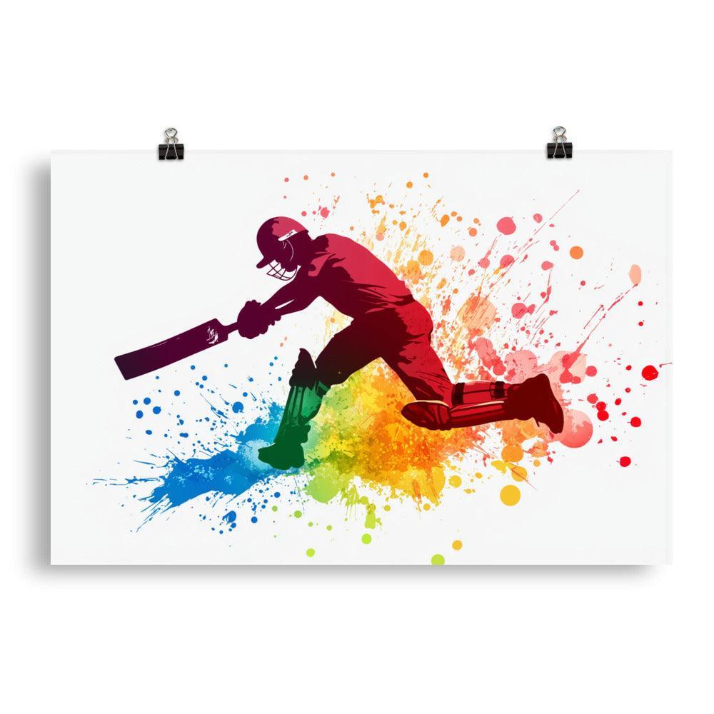 Colorful Cricket Batsman with Splatter Paint Effect Poster - Oh Posters