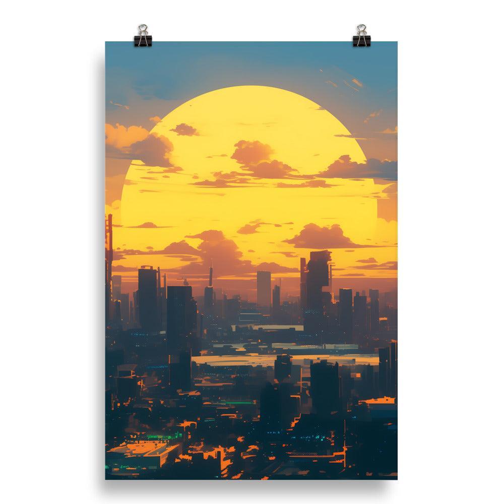 Futuristic Cityscape at Sunrise with Giant Sun and Towering Skyscrapers Digital Art Poster - Oh Posters