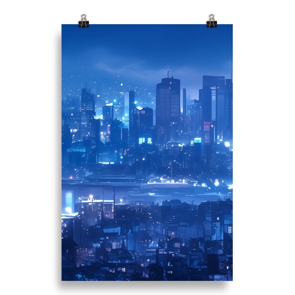 Futuristic Blue Cityscape with Neon Signs and Modern Architecture Art Poster - Oh Posters