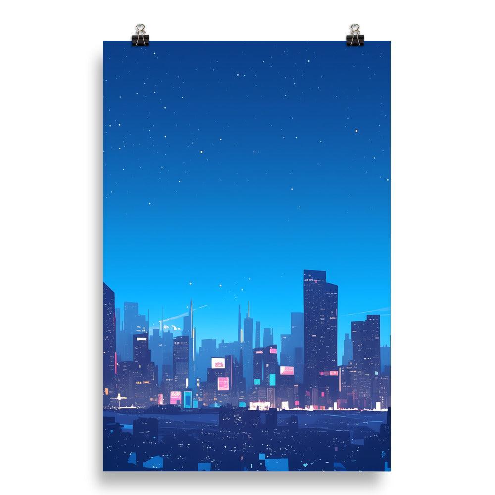 Bright City Skyline with Stars and Reflections Clean Digital Illustration Poster - Oh Posters