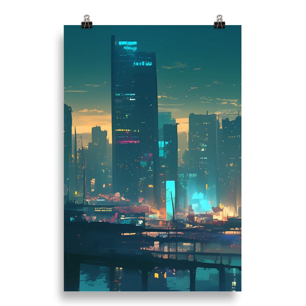 Evening Skyline with Skyscrapers and Warm Glow Futuristic Digital Art Poster - Oh Posters