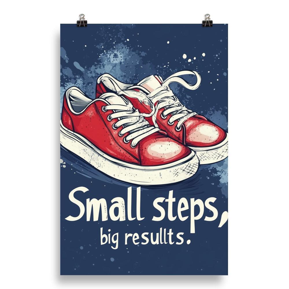 Small Steps Big Results Red Sneakers on Blue Background Poster - Oh Posters