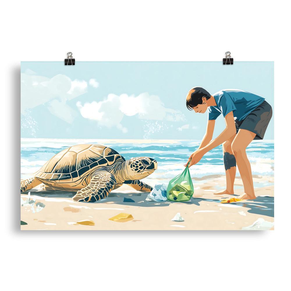 Beach Cleanup Turtle Teamwork Protecting Ocean Wildlife Together Poster - Oh Posters