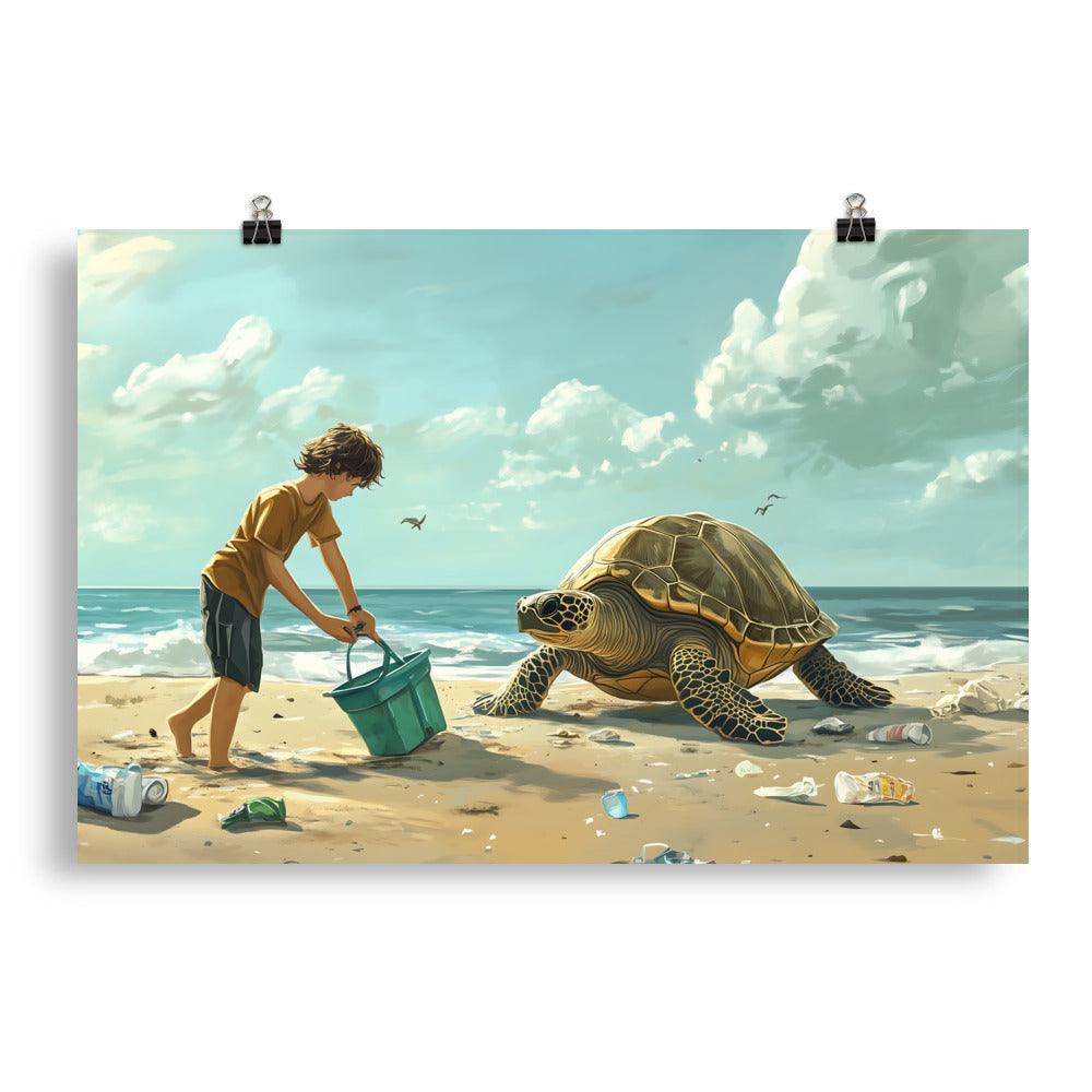 Beach Cleanup Turtle and Kid Inspiring Coastal Conservation Art Poster - Oh Posters