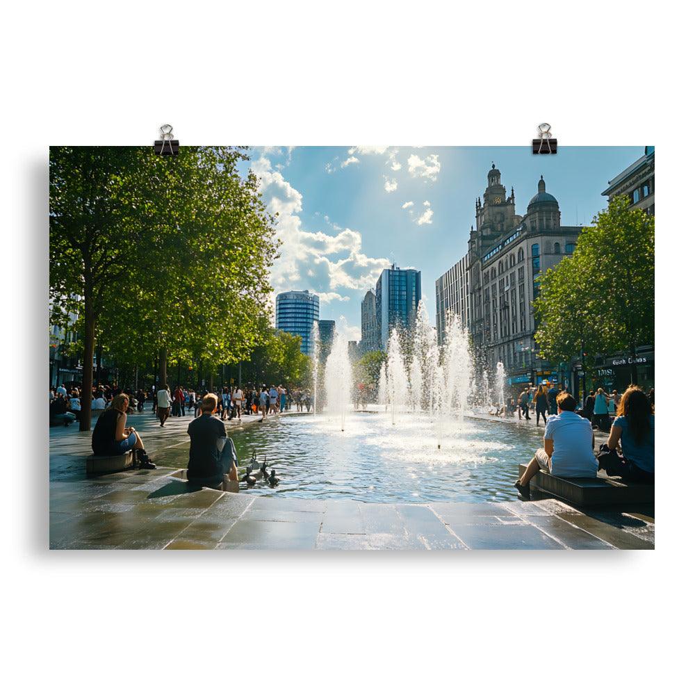 Manchester Skyline Urban Relaxation with Fountain and City Vibes Poster - Oh Posters