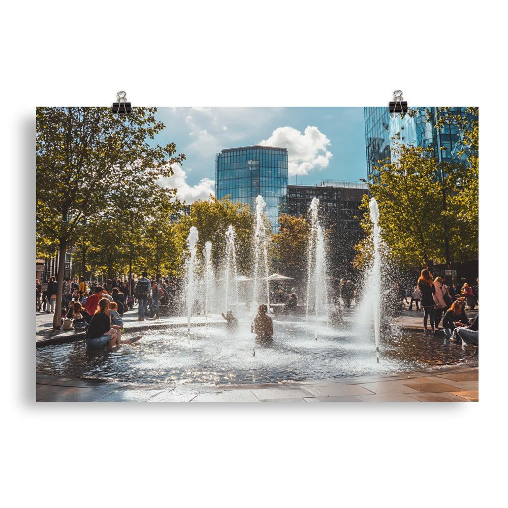 Vibrant Manchester Cityscape with Fountains and Urban Charm Poster - Oh Posters