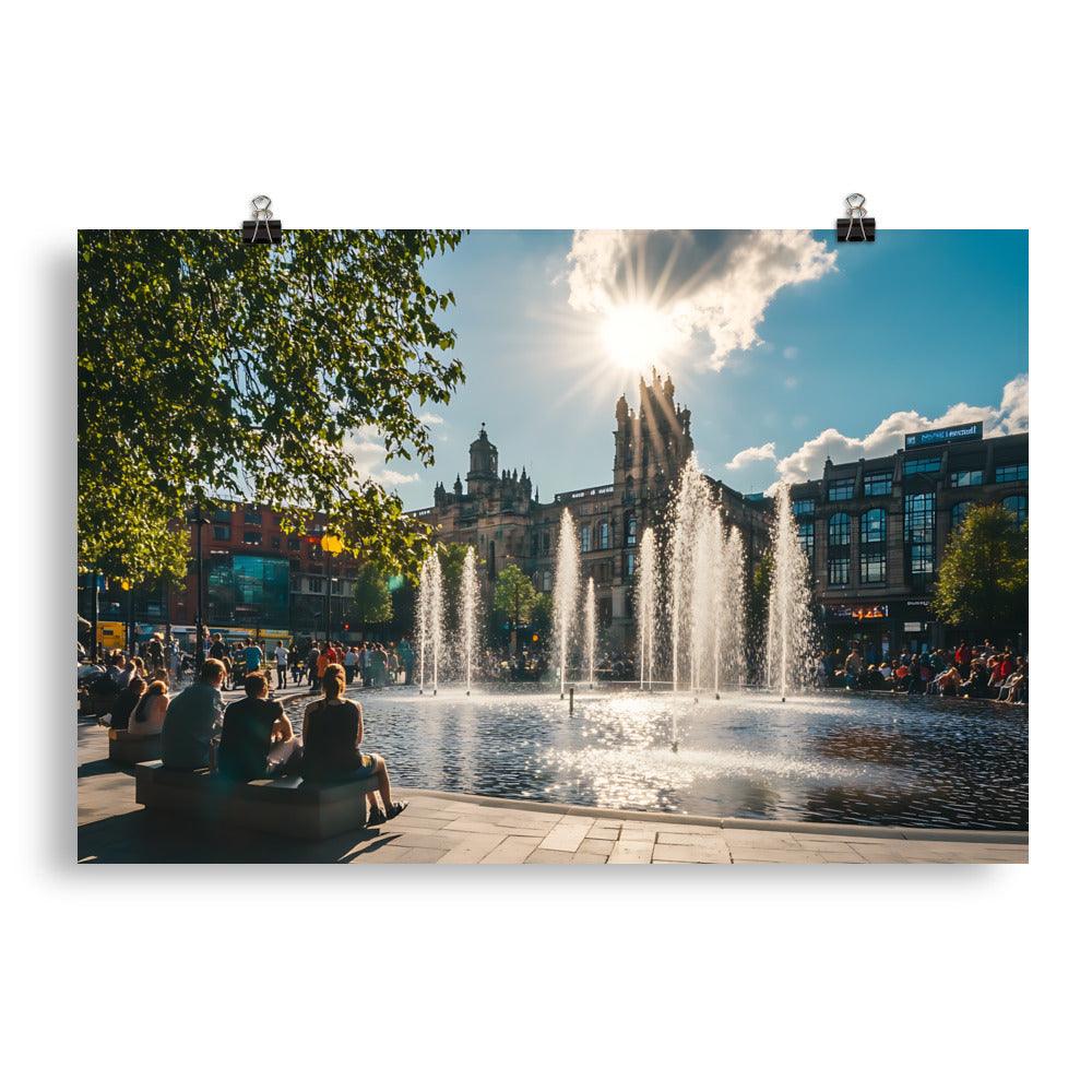 Manchester Cityscape Sunlit Fountains Afternoon Poster - Oh Posters