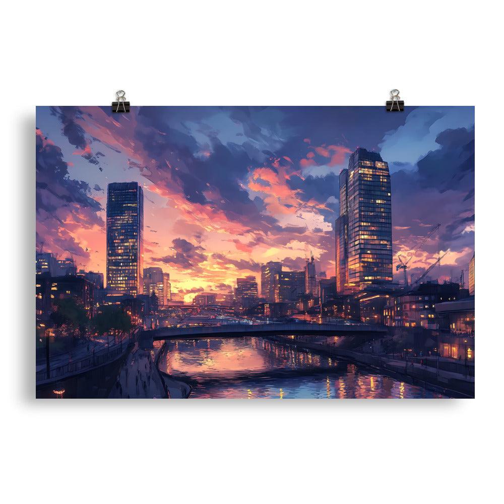 Manchester Skyline at Sunset Reflection Over River Urban Cityscape Poster - Oh Posters