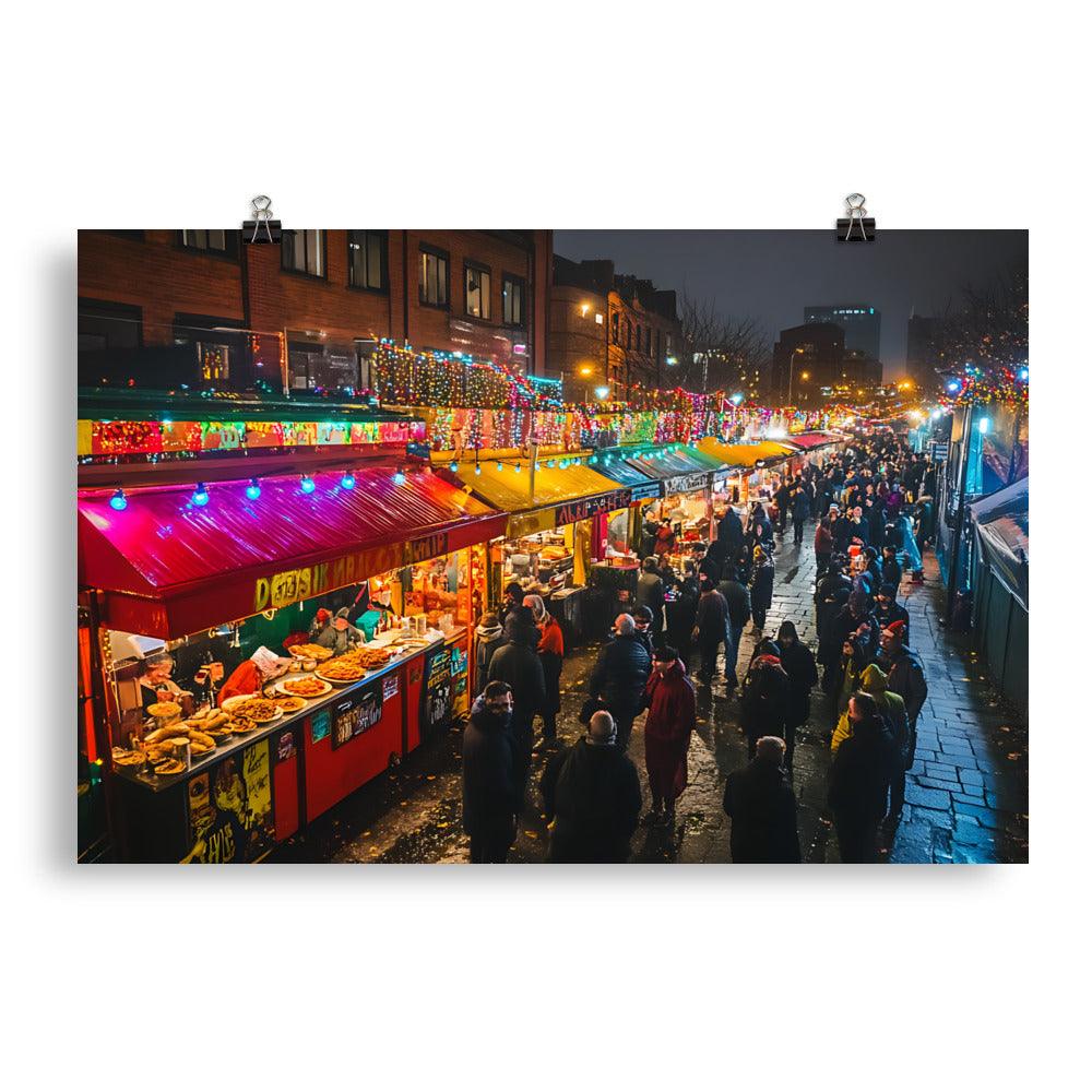 Vibrant Manchester Night Market Scene Poster - Oh Posters