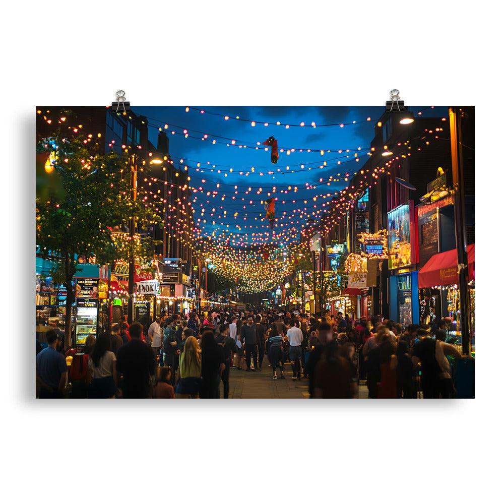 Manchester City Nightlife Street View with Festive Lights Poster - Oh Posters