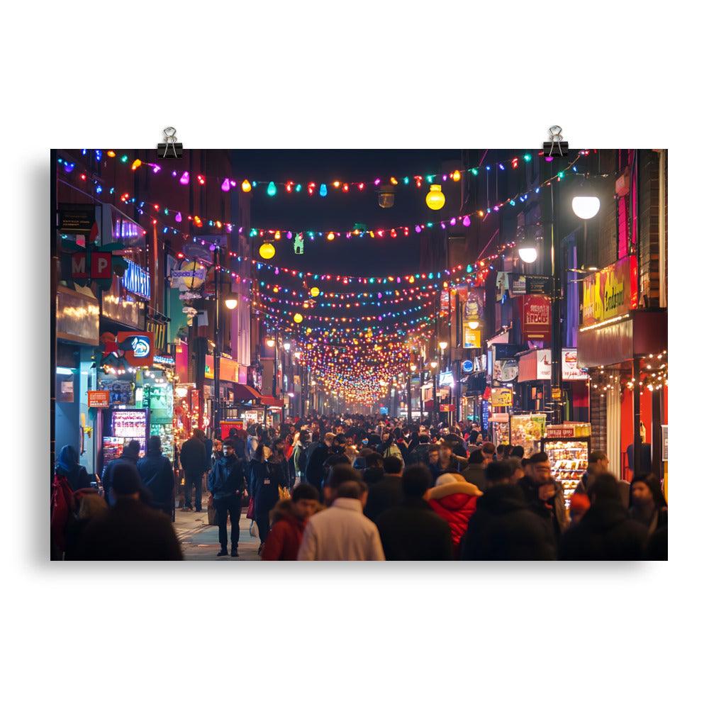Manchester Nightlife Vibrant Streets Lights and Crowds Poster - Oh Posters