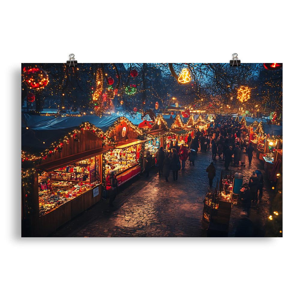 Manchester Christmas Market Illuminated Holiday Scene Poster - Oh Posters