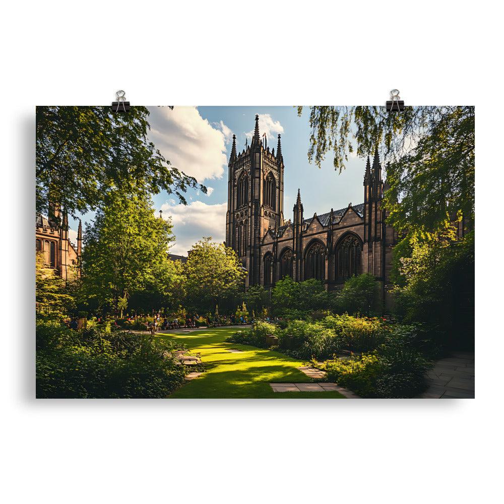 Manchester Cathedral Tranquil Garden View in Warm Sunlight Poster - Oh Posters
