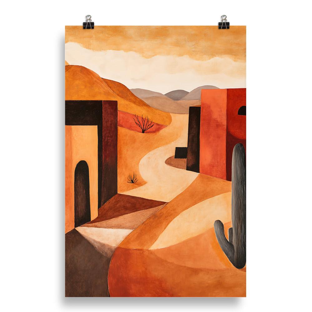 Boho Desert Landscape with Cactus and Adobe Houses Poster - Oh Posters
