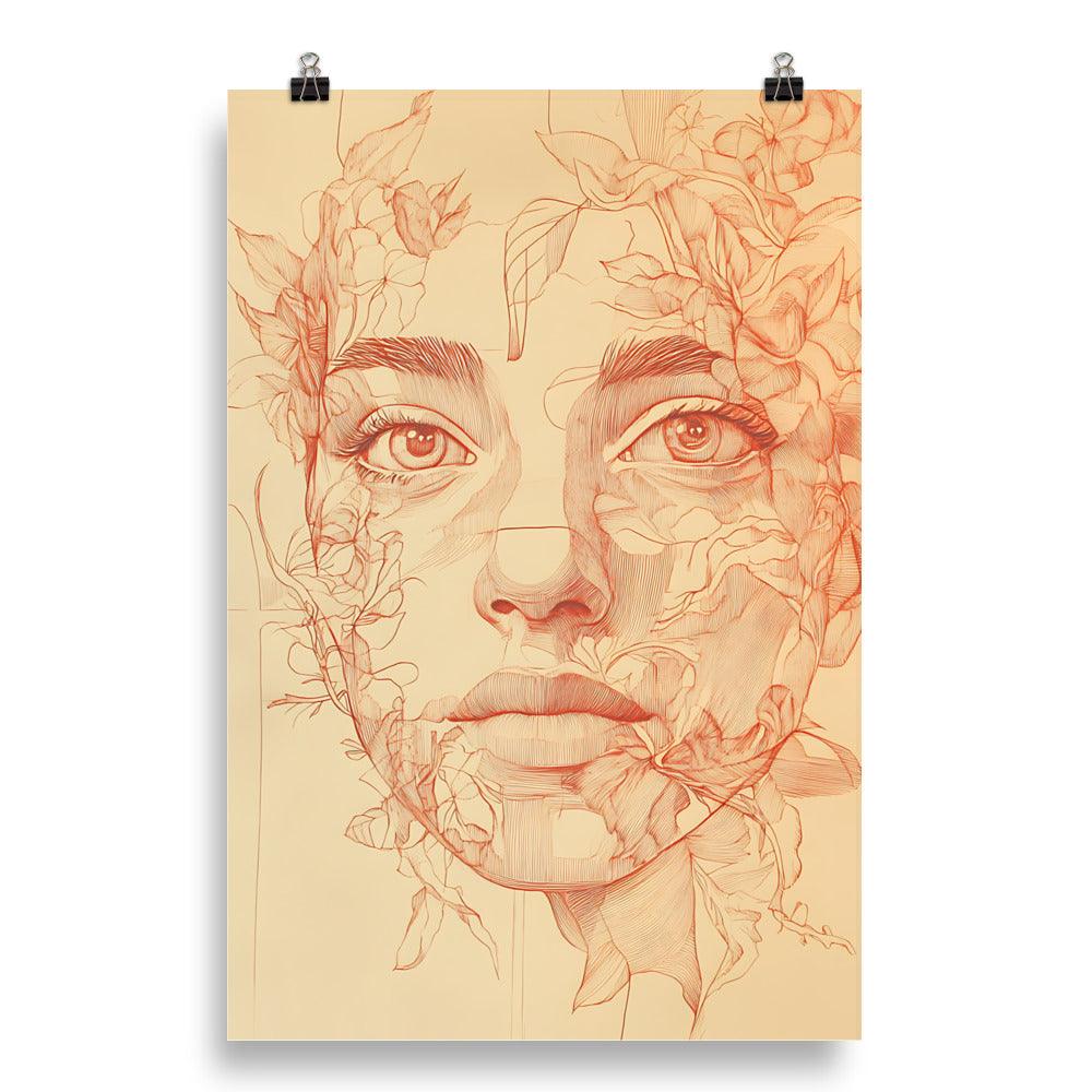 Boho Floral Face Art with Intricate Linework and Leafy Details Poster - Oh Posters