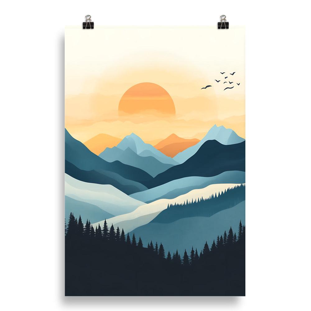 Boho Mountain Sunset Landscape with Birds and Forest Silhouette Poster - Oh Posters