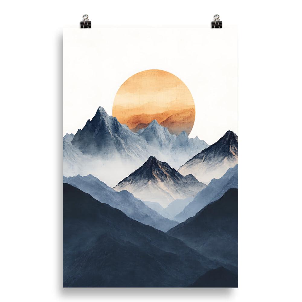 Boho Mountain Sunrise with Serene Peaks and Warm Sun Poster - Oh Posters