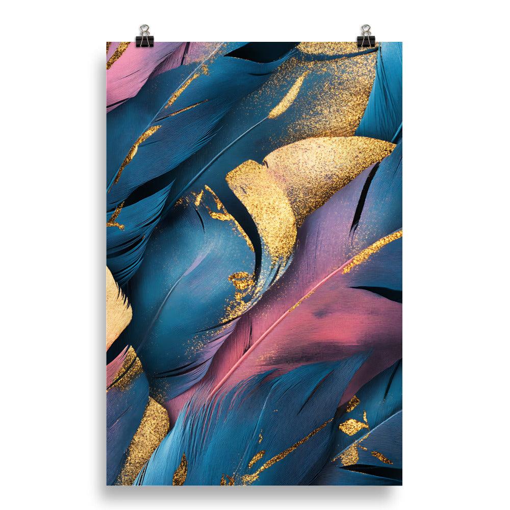 Boho Feather Vibes with Gold and Blue Hues Poster - Oh Posters