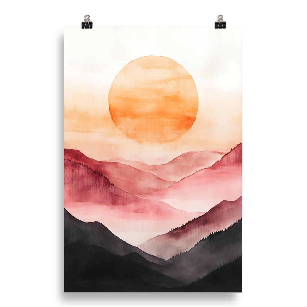 Boho Sunset Over Misty Mountains with Warm Hues Poster - Oh Posters