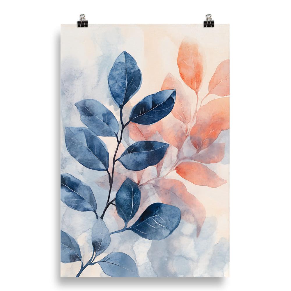 Boho Watercolor Leaves Serenity in Blue and Coral for Nature Lovers Poster - Oh Posters