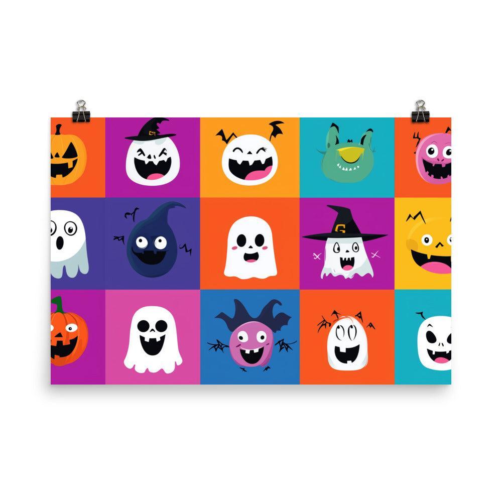 Halloween Cartoon Character Faces with Colorful Backgrounds Poster - Oh Posters