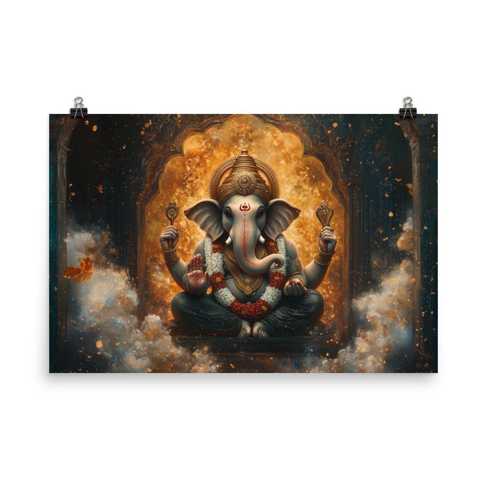 Ganesh in a Golden Temple with Flames Ethereal Artwork Poster - Oh Posters