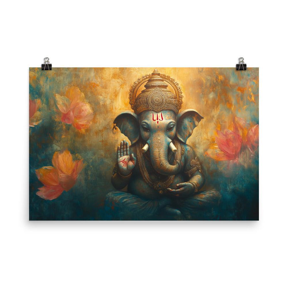 Ganesh Spiritual Art with Lotus Flowers Mystical Painting Poster - Oh Posters