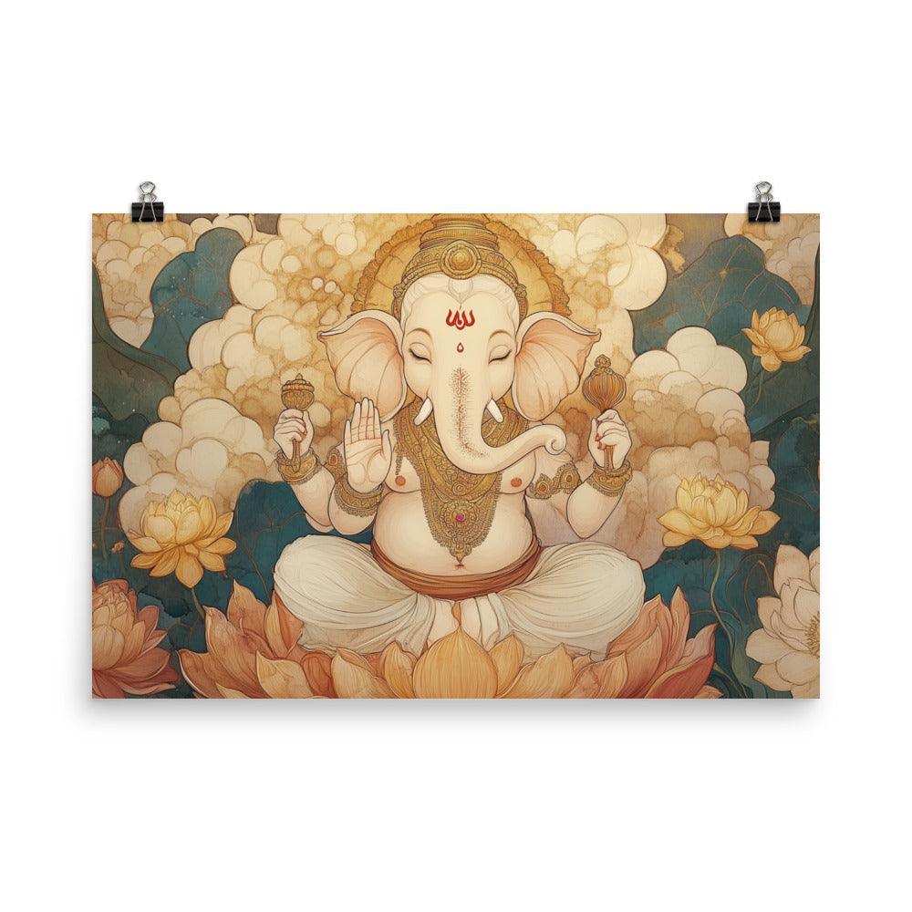 Ganesh Surrounded by Lotus Flowers Ethereal Watercolor Art Poster - Oh Posters