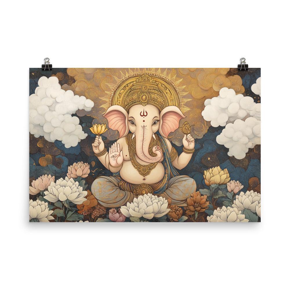 Ganesh with Lotus and Clouds Serene Indian Mythological Art Poster - Oh Posters