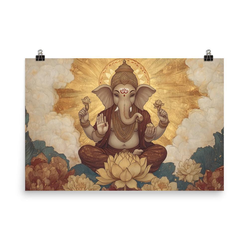 Golden Ganesh with Lotus Blossoms Peaceful Spiritual Artwork Poster - Oh Posters