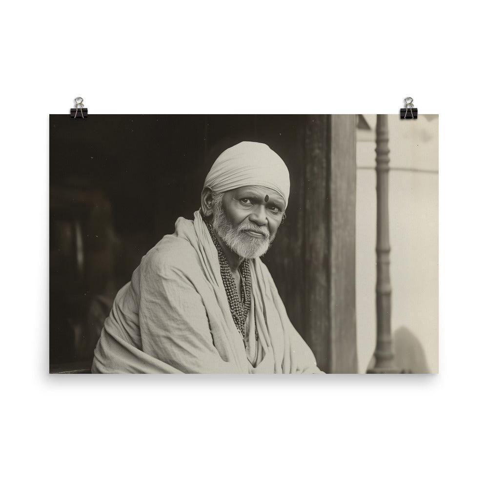 Serene Sai Baba Vintage Monochrome Photograph Poster - Oh Posters