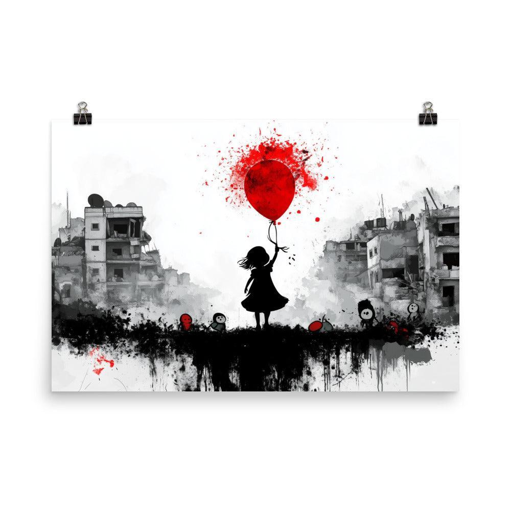 Girl with Red Balloon Amidst Urban Destruction Palestine Poster - Oh Posters