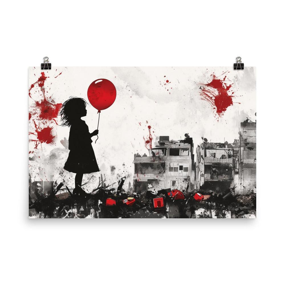 Child Holding Balloon Amidst Rubble Palestine Poster - Oh Posters