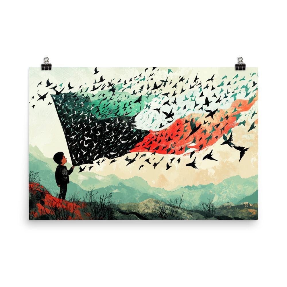 Child Holding Palestinian Flag Birds Flying Illustration Poster - Oh Posters