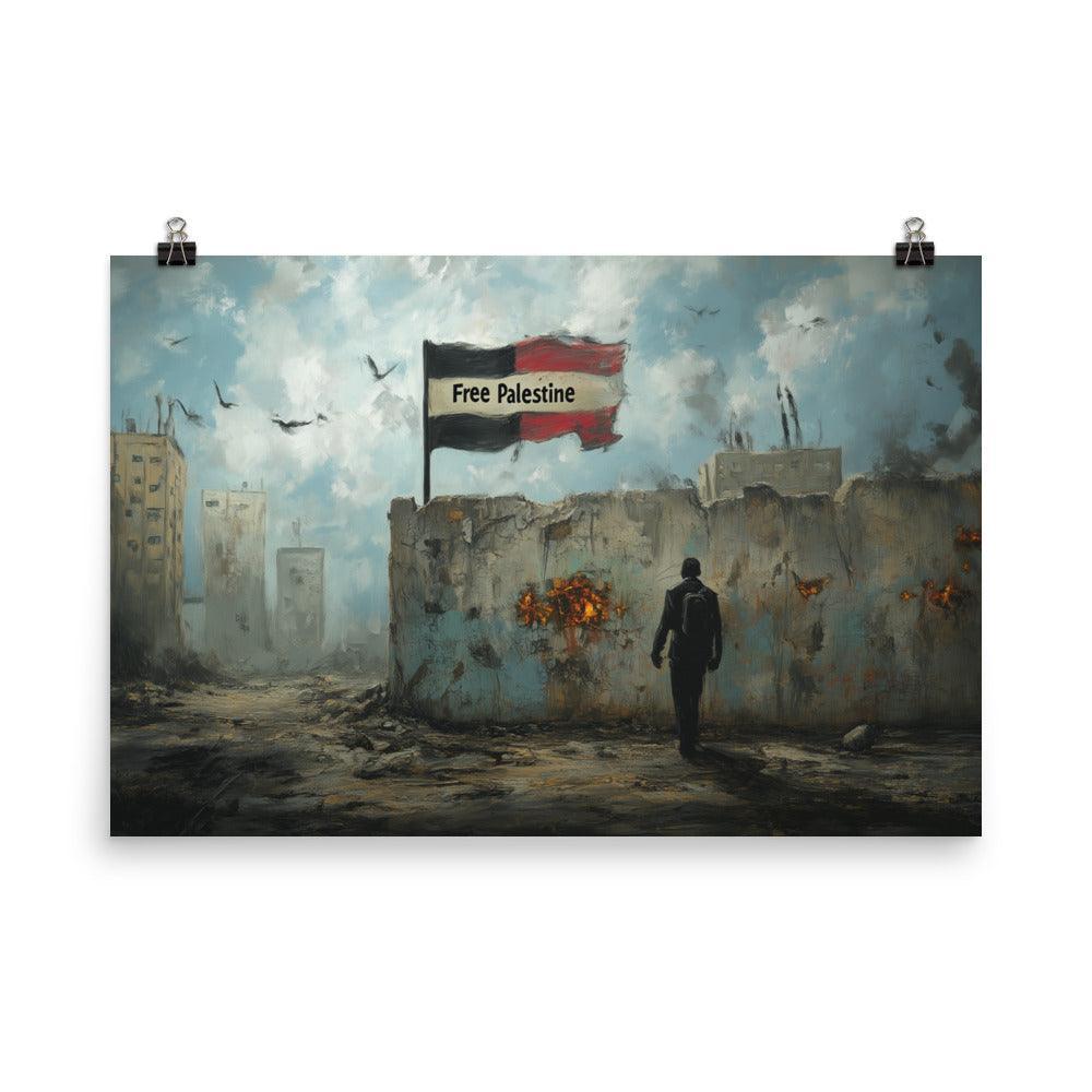 Free Palestine Flag in War-Torn Cityscape Poster - Oh Posters