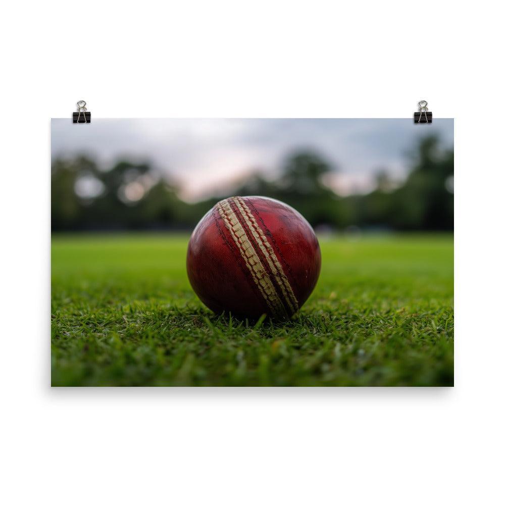 Close-Up Cricket Ball on Green Grass Field Poster - Oh Posters