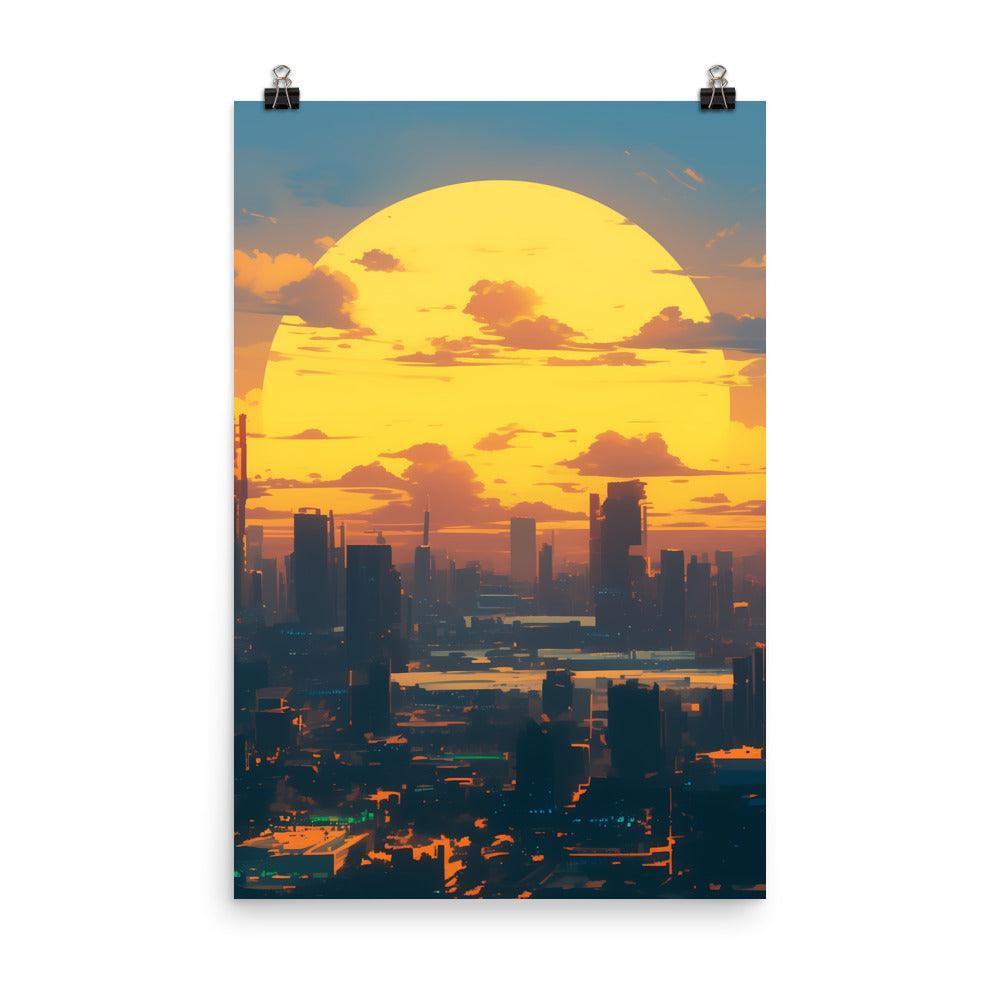 Futuristic Cityscape at Sunrise with Giant Sun and Towering Skyscrapers Digital Art Poster - Oh Posters