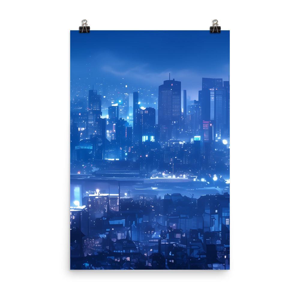 Futuristic Blue Cityscape with Neon Signs and Modern Architecture Art Poster - Oh Posters