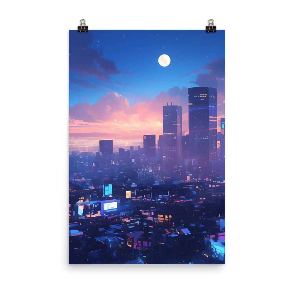 Illuminated City Skyline at Twilight with Full Moon and Vibrant Colors Art Poster - Oh Posters