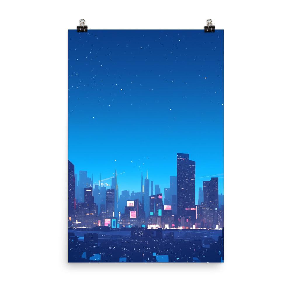 Bright City Skyline with Stars and Reflections Clean Digital Illustration Poster - Oh Posters