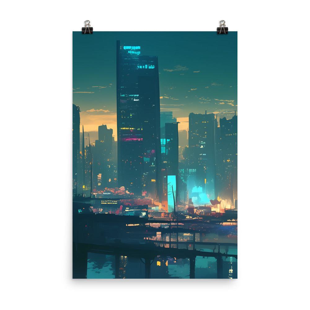 Evening Skyline with Skyscrapers and Warm Glow Futuristic Digital Art Poster - Oh Posters