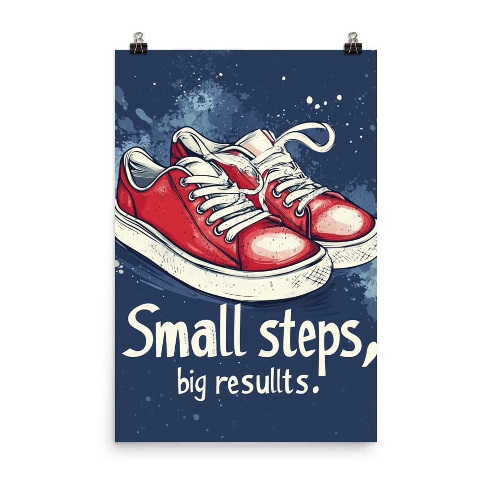 Small Steps Big Results Red Sneakers on Blue Background Poster - Oh Posters