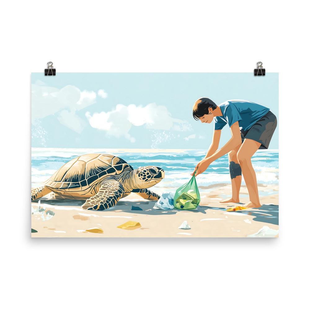 Beach Cleanup Turtle Teamwork Protecting Ocean Wildlife Together Poster - Oh Posters