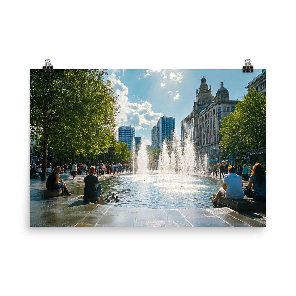 Manchester Skyline Urban Relaxation with Fountain and City Vibes Poster - Oh Posters