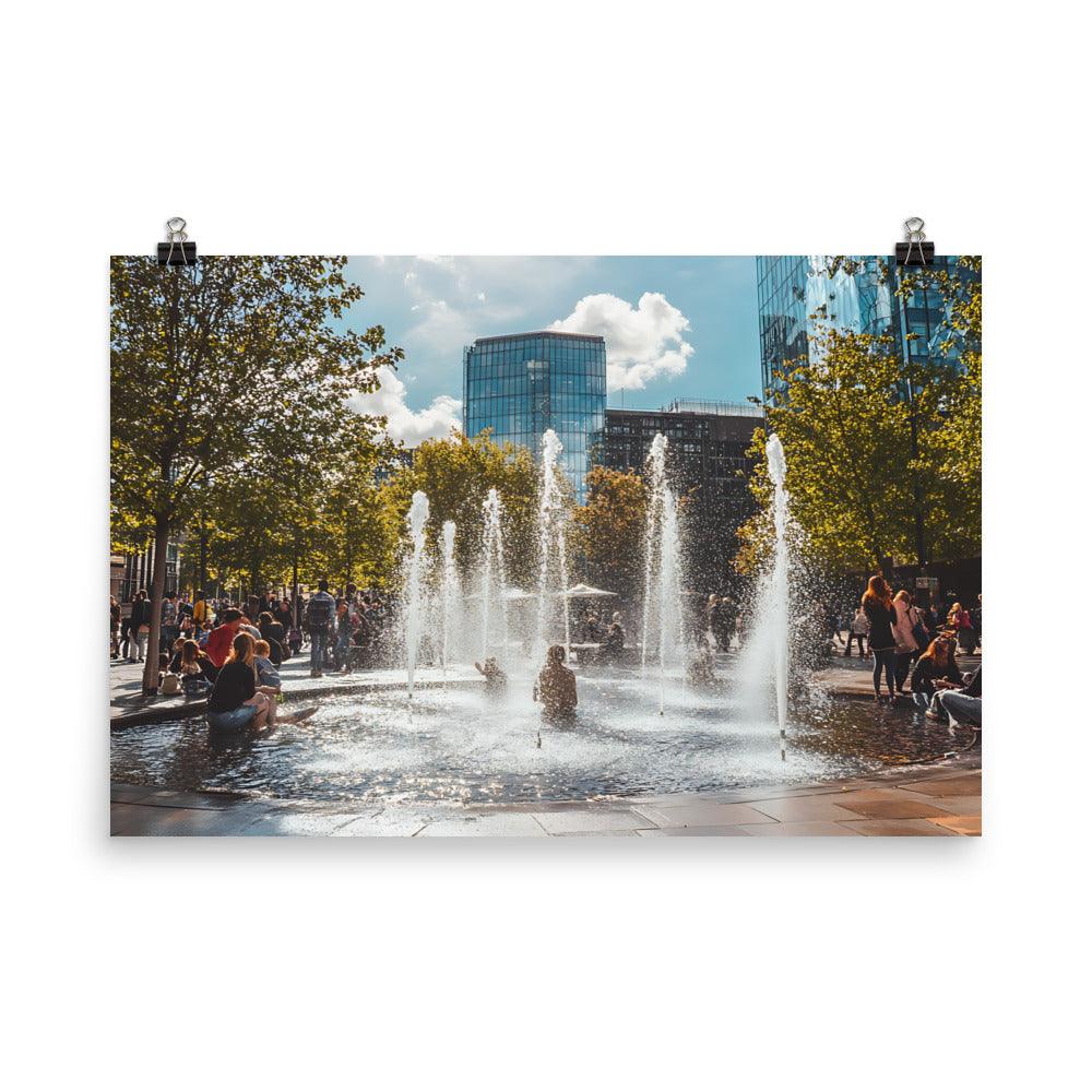 Vibrant Manchester Cityscape with Fountains and Urban Charm Poster - Oh Posters