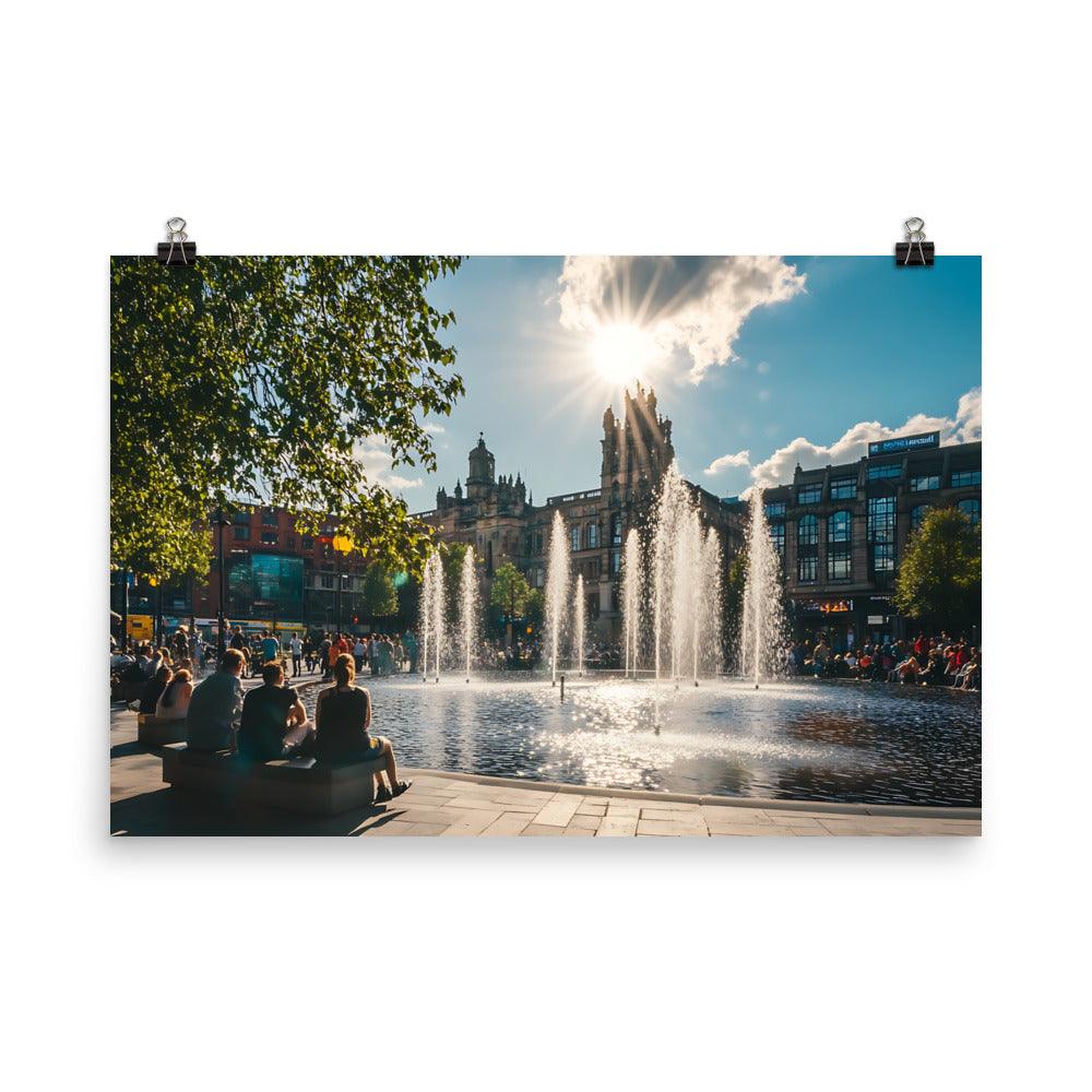 Manchester Cityscape Sunlit Fountains Afternoon Poster - Oh Posters