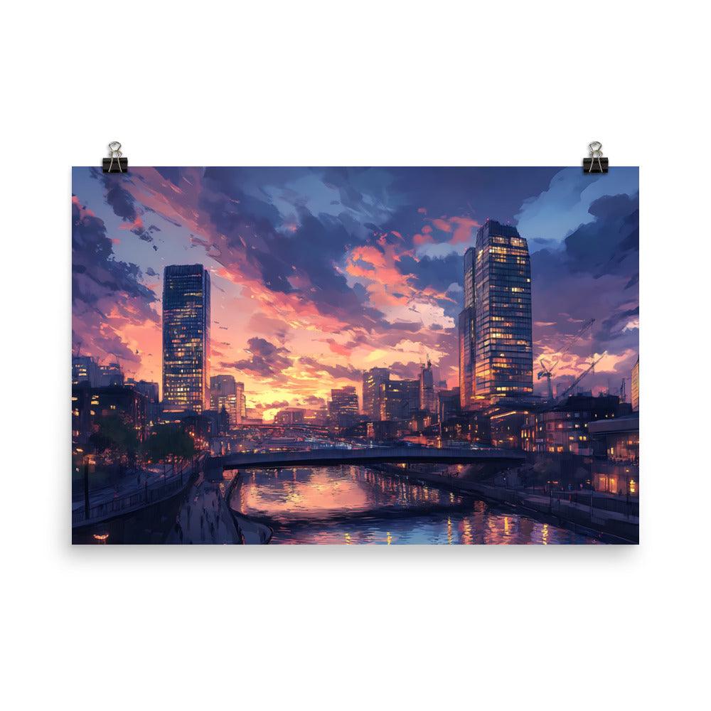 Manchester Skyline at Sunset Reflection Over River Urban Cityscape Poster - Oh Posters