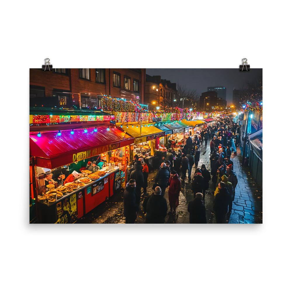 Vibrant Manchester Night Market Scene Poster - Oh Posters