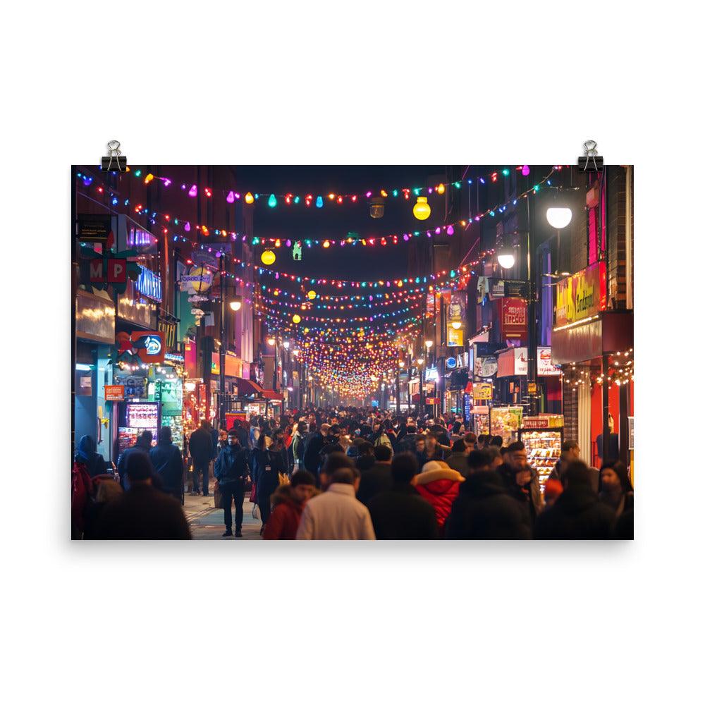 Manchester Nightlife Vibrant Streets Lights and Crowds Poster - Oh Posters