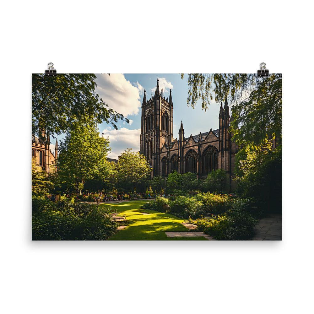 Manchester Cathedral Tranquil Garden View in Warm Sunlight Poster - Oh Posters